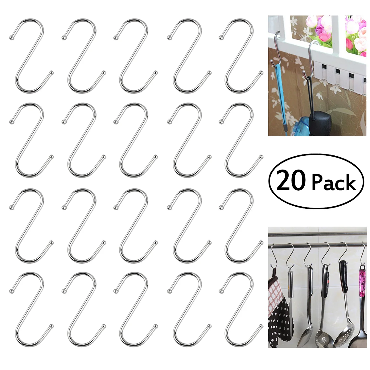 

Hooks, 20 Pack Steel Shaped Hooks for Hanging Kitchenware Pan Pots Utensils Closet Clothes Bags Towels Plants Kitchen Hooks