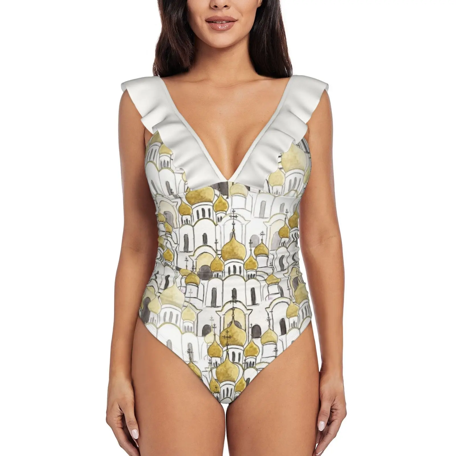 

Цельный купальник с оборками и золотым изображением российского соблазнительного собора церкви, женский купальник-монокини, новые пляжные купальные костюмы, золотой