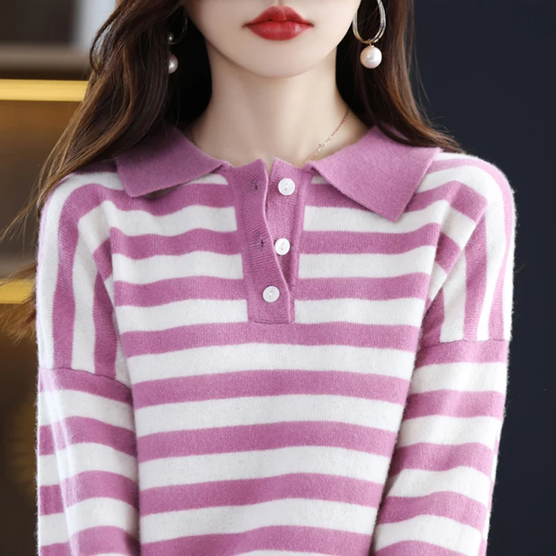 

Autumn / Winter Polo Collar Pure Wool Female Sexy Stripe Color Contrast High-Grade Inside Long Sleeve Bottomed Knitting Sweater
