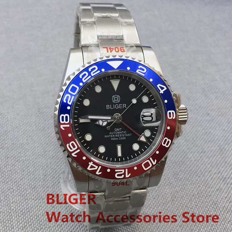 

BLIGER NH34A GMT Movement Automatic Men Watch DG3804 40mm Silver Case Blue Red Insert Black Dial Oyster Bracelet Sapphire Glass