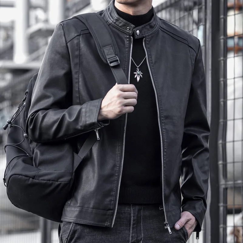 

Leather Jacket Men's Spring And Autumn Jacket Biker Leather Jacket Men's Slim Standing Collar Pu Jacket