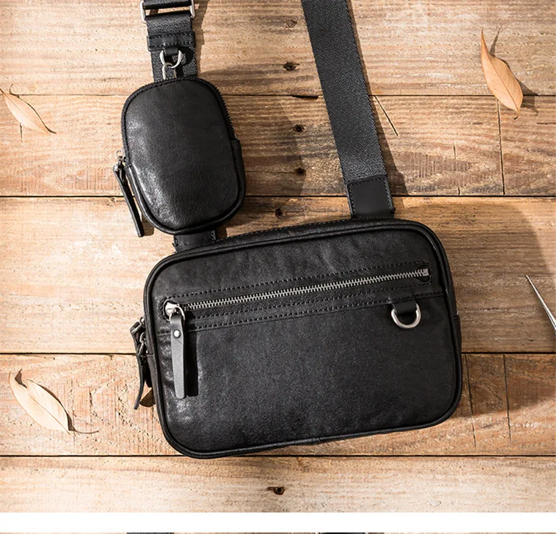 Simple fashion designer natural first layer cowhide men's black shoulder bag outdoor daily work soft cowhide light crossbody bag