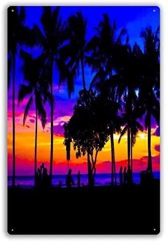

Metal Sign Colorful Sunset at Waikiki Beach Whit Palm Trees in The Background Modern Wall Art