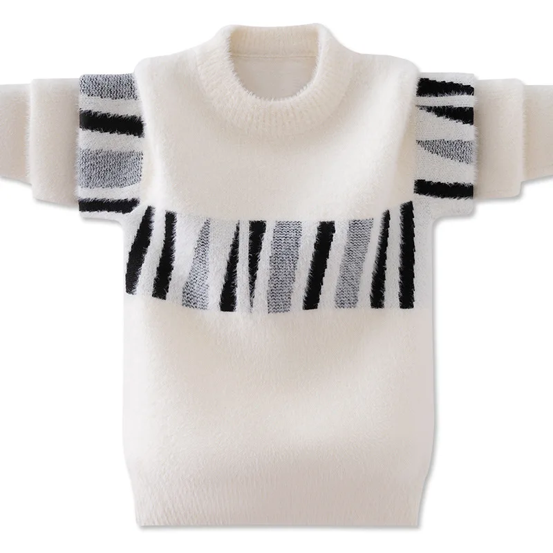 

2023 Autumn Winter Thickend Plush Sweater Boys O-Neck Korean Pullover Sweater Fluff Warm Casual Striped Knitwear for Boy 3-12T