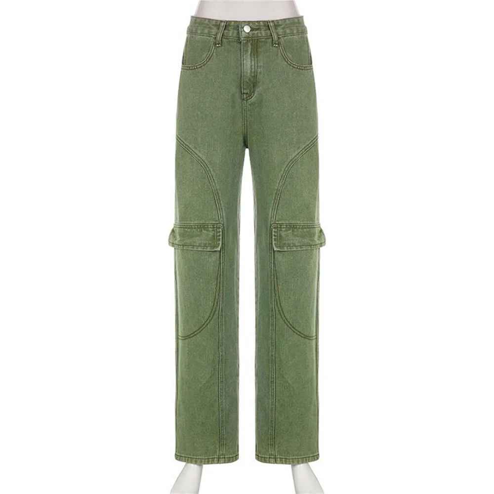 Брюки-карго женские с завышенной талией и карманами, зеленые
