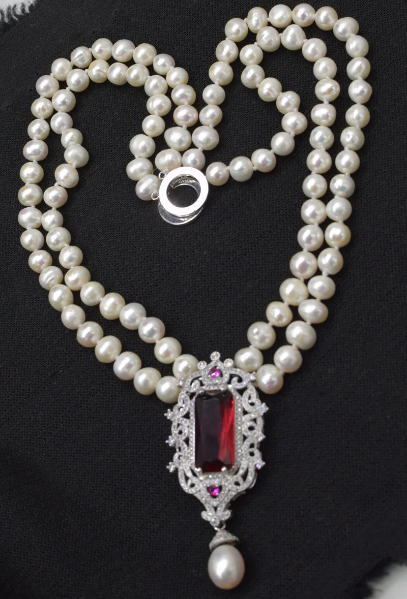 2rows freshwater pearl white near round 8-9mm necklace red zircon nature beads wholesale 17-18inch