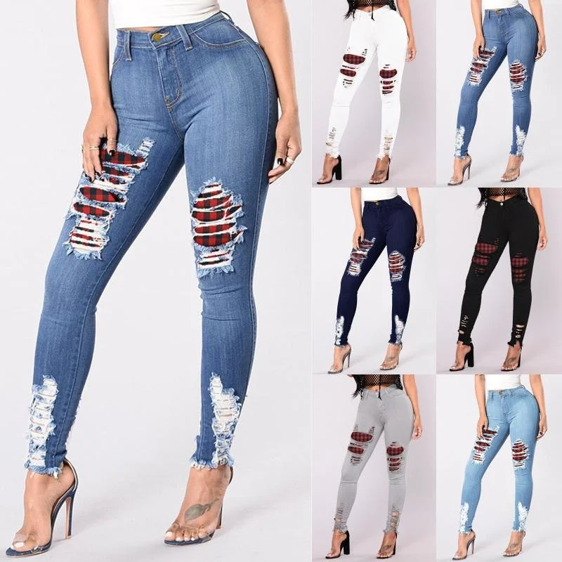 Women's Jeans Woman High Waisted Straight Skinny Stretchy Pant Streetwear Women Letter Print Hole Washed Denim Pencil Pants