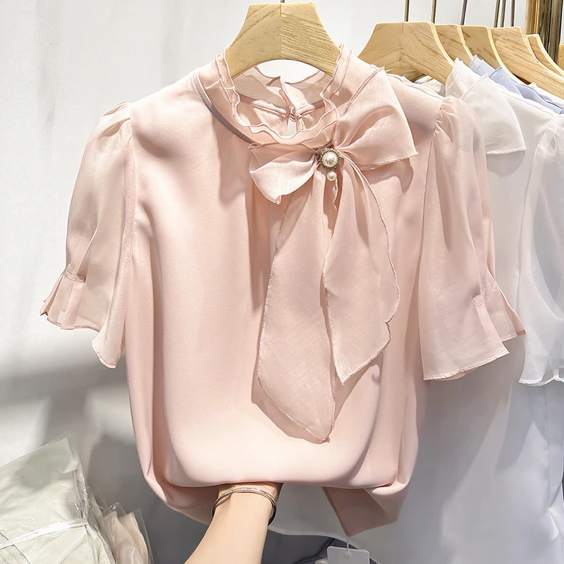 

Женская шифоновая блузка со стоячим воротником, однотонная блузка из органзы на шнуровке с коротким рукавом, Женский Топ, новинка 2022