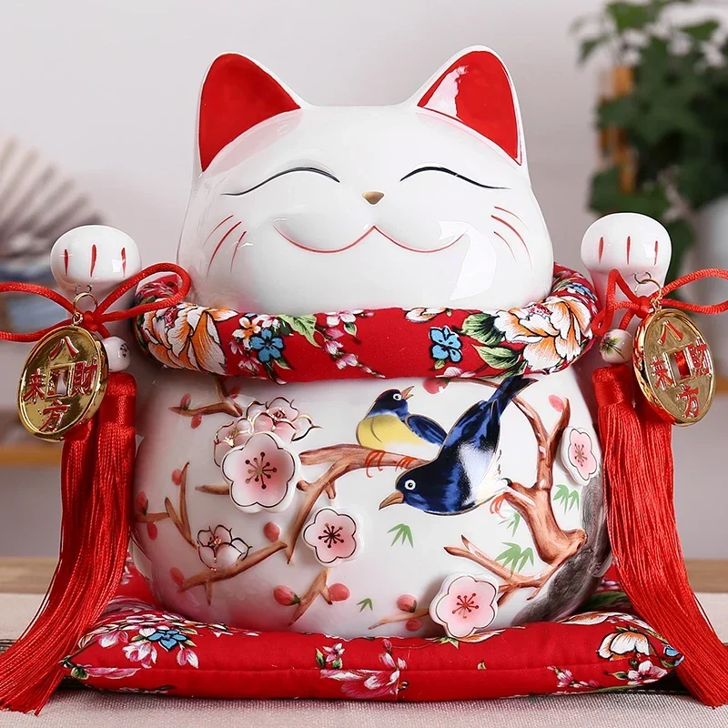 10-дюймовая красная керамическая копилка Manaki Neko Feng Shui Decor Lucky Cat Beckoning