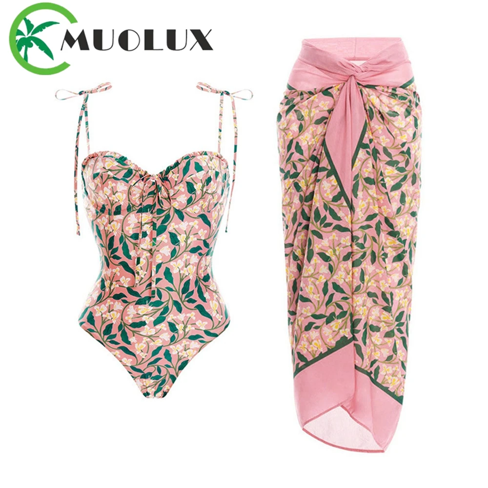 

MUOLUX 2023 сексуальный пуш-ап розовый принт цельный купальник юбка летний женский купальник пляжное платье накидка Монокини Купальный Костюм