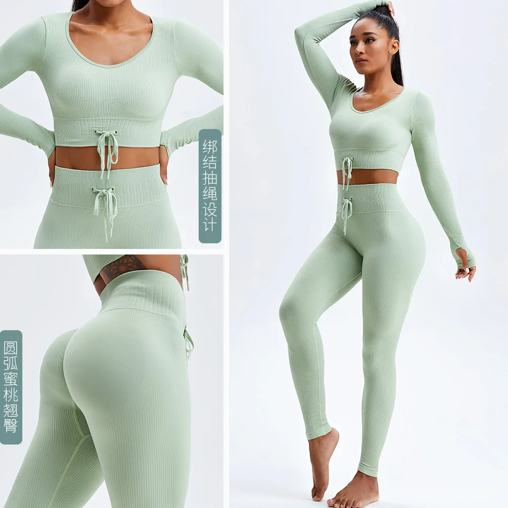 

New Ribbed Yoga Set High Waist Seamless Leggings For Women Quick Dry Sportswear Fitness Suit Workout Tracksuit Running Gym