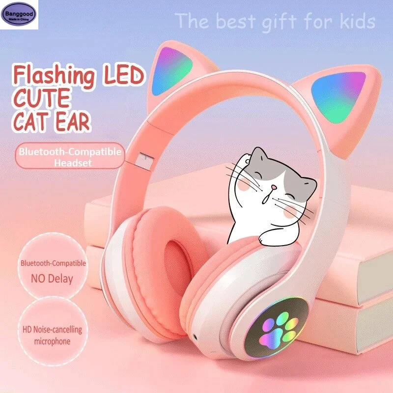 Banggood STN-28 Over-Ear Gaming bluetooth 5.0 Headset Glowing Cat Ear Headphone Foldable Wireless Earphone with Mic for PC Phone