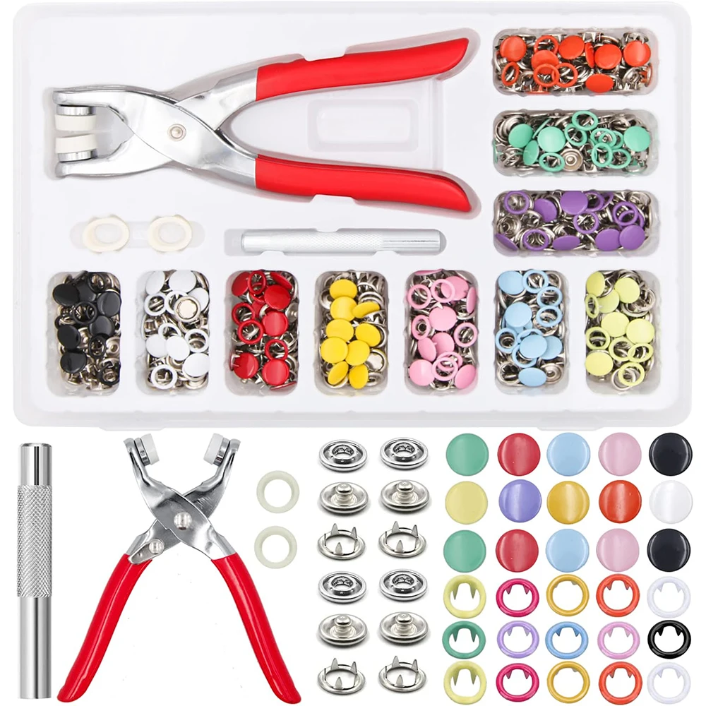 

200 Sets Metal Snap Button Fasteners Tool Kit 10 Colors Hollow and Solid Prong Snaps Buttons for Clothing Crafting Sewing Bags