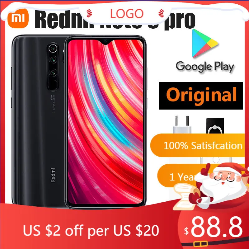 

Xiaomi Redmi Note 8 Pro Smartphone, Android Cell Phones Global ROM Version Mobil Phone Dual SIM Cellphone