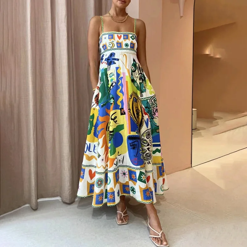 

Boho Beach Multicolor Graffiti Printed Sexy Strapless Linen Maxi Party Dresses 2023 Summer Brand New Sexy Robe Vintage Clothing