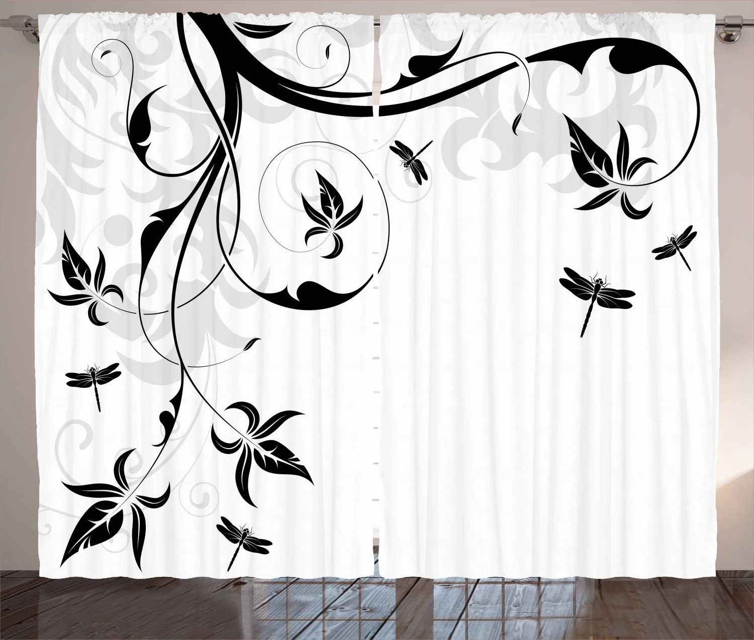 Шторы Curlicue черно-белые, занавески из атласной ткани с зелеными ветвями, для гостиной, спальни, комплект из 2 полок