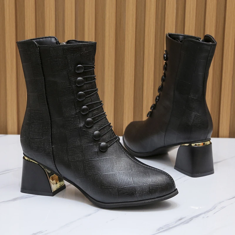 2022 New Arrival Leather Ankle Boots Rubber Riding Women's Shoes Ladies Chunky High Heel Zipper Winter Square Heel Botas Mujer