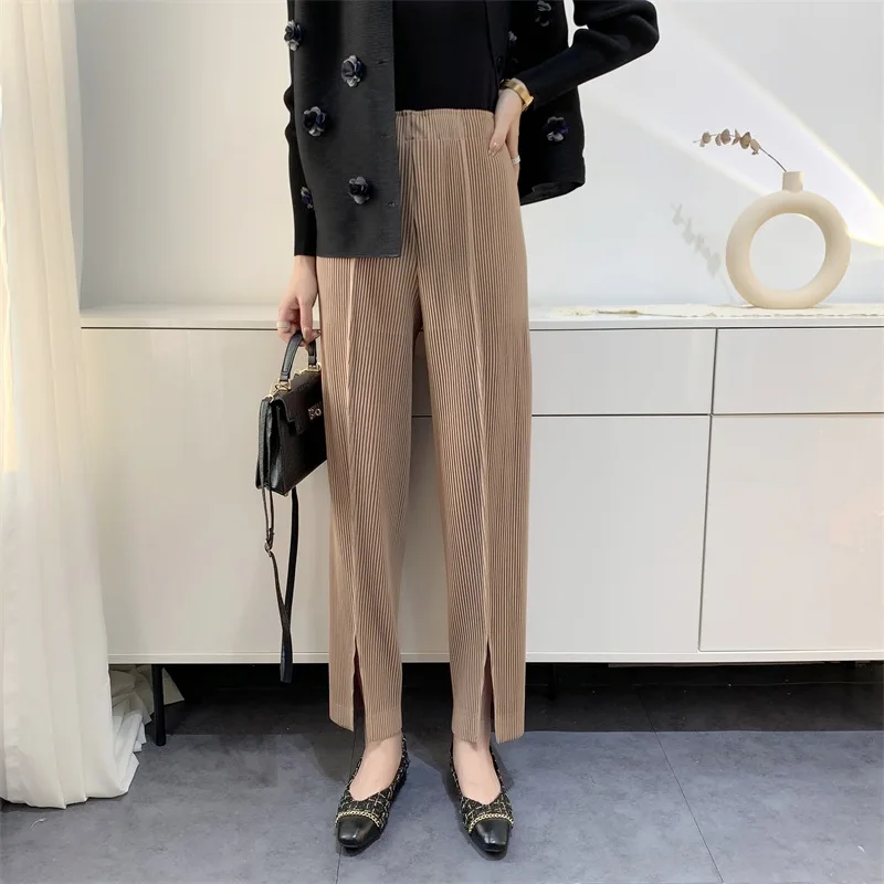 

Miyake Thickened Fabric Women's Trousers with Front Open Fork Long Pants with Folded Pleats and Tapered Silhouette for Commuting