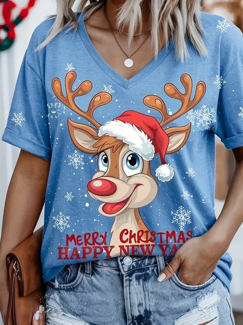 Рождественская женская футболка с мультяшным принтом повседневная v-образным