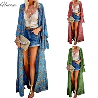 boho women long cardigan kimono summer floral printed open front blouse vintage loose large sleeve tunic tops sun protection
