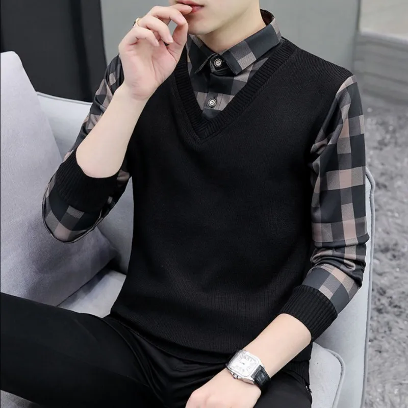 Men's Sweater Autumn Winter Patchwork Knit Shirt Fake Two Piece Polo Collar Long Sleeve Knitwear Smart Casual Pullover Tops Male