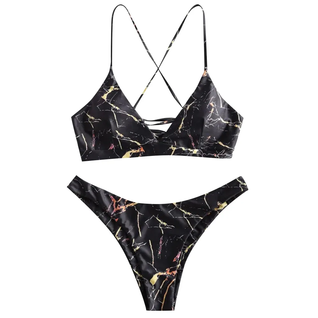 

Back Two Bikini Set Swimsuit Women Sexy Print Up Crisscross Back Lace Piece Swimwears Tankinis Set Swimwears brazilian panties