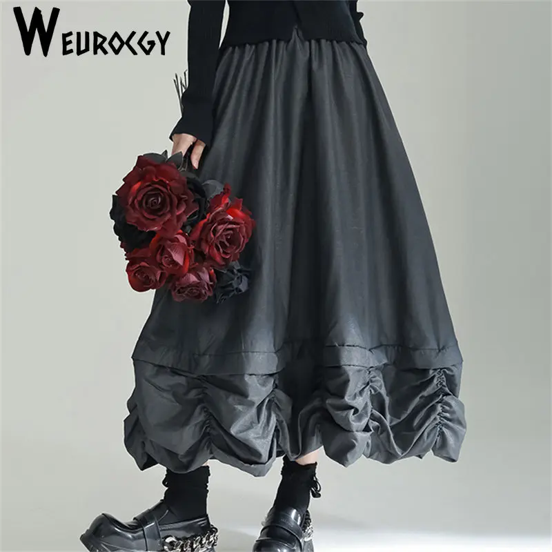 

Summer y2k Casual Loose Fold Retro Personality Go Well With Everything Women Umbrella Skirt Potecks Elastic Waist Medium Length