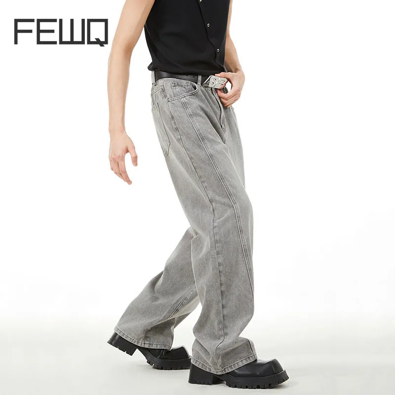 

FEWQ Gray Men's Solid Color Vintage Wornout Jeans Washed High Street Wide Leg Denim Trousers Korean Fashion Casual Pant 2023 New