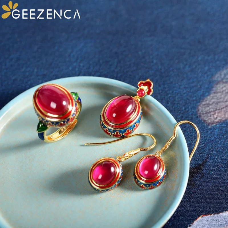 

GEEZENCA Red Corundum 925 Silver Enamel Earrings Pendant Ring For Women Vintage Luxury Gold Plated Jewelry Sets Without Chain