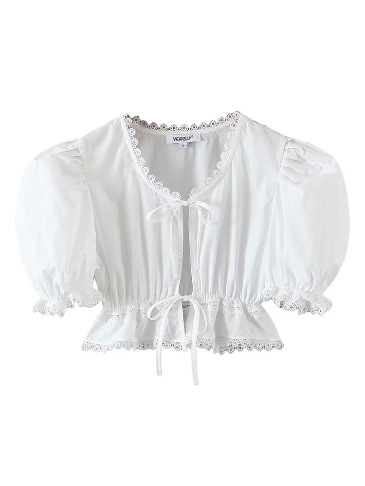 

Women Vintage Lace V-neck White Tops 2022 Summer Puff Sleeve Drawstring Lace Up Cropped Shirts Blouses