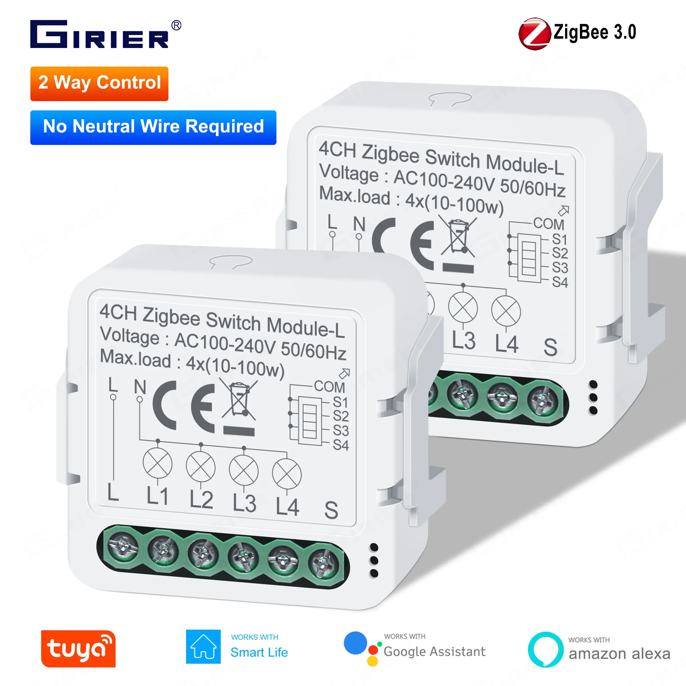

GIRIER Tuya ZigBee Smart Switch Module No Neutral Wire Required 4 Gang Smart Home DIY Light Breaker Works Alexa Alice Hey Google