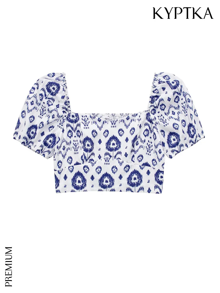 

KYPTKA Women Fashion Printed Cropped Blouses Vintage Short Sleeve Back Elastic Smocked Female Shirts Blusas Chic Tops