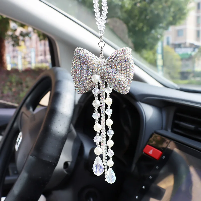 

Diamond Car Pendant Crystal Bow Tie Rearview Mirror Hanging Chain Car Ornaments For Lady Female Lanyard Car Interior Decoration