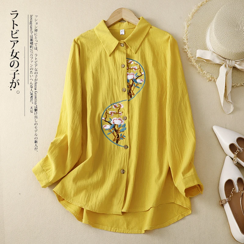 

Женская Свободная блузка с длинным рукавом, однобортная рубашка из хлопка и льна с отложным воротником и вышивкой, V608, лето 2023