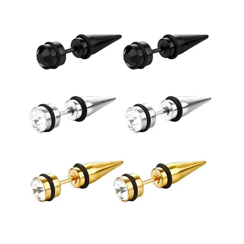 

Punk Fashion Men Earrings Stainless Steel Stud Tip Cone CZ Crystal Zircon Stud Earrings No Piercing Ear Jewelry Gold Black 2022