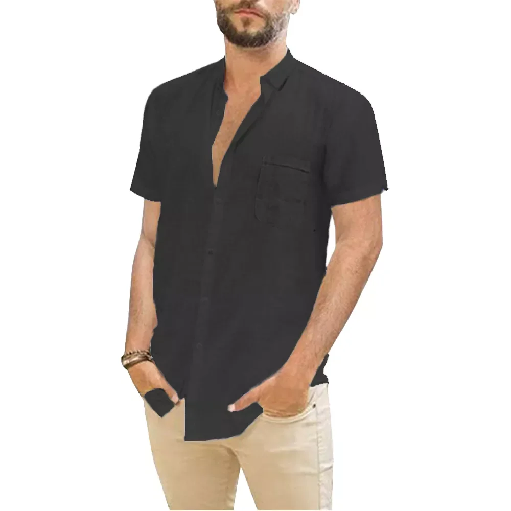 

Sale Men's Short-Sleeved Shirts Summer Solid Color Turn-down collar Casual Beach Style Plus Size Cotton Linen Hot