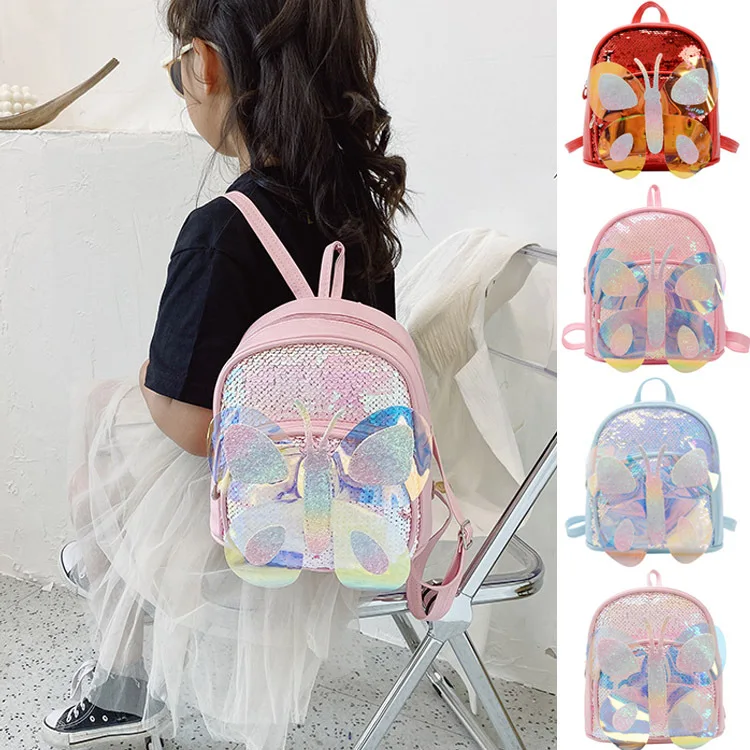 New Children's Cartoon Cute Sequin Backpack Butterfly Wings Backpack Baby Girls Travel Bags 3-6y Princess Kindergarten SchoolBag