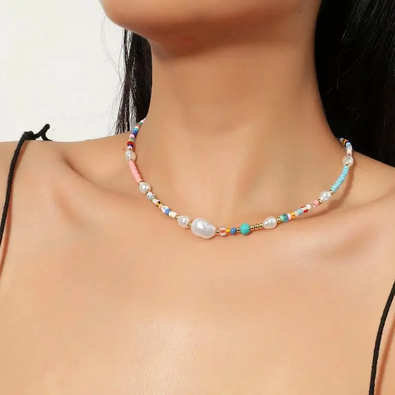 

Hot Boho Hit Color Choker Necklace Necklace Baroque Natural Freshwater Pearl Niche Design Feeling Fresh Clavicle Chain Women