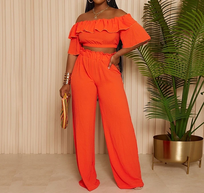 

Off Shoulder Lotus Leaf Edge Short Top Wide Leg Pants Set Latest Hot Selling Fashion Women's Sexy Loose Fit