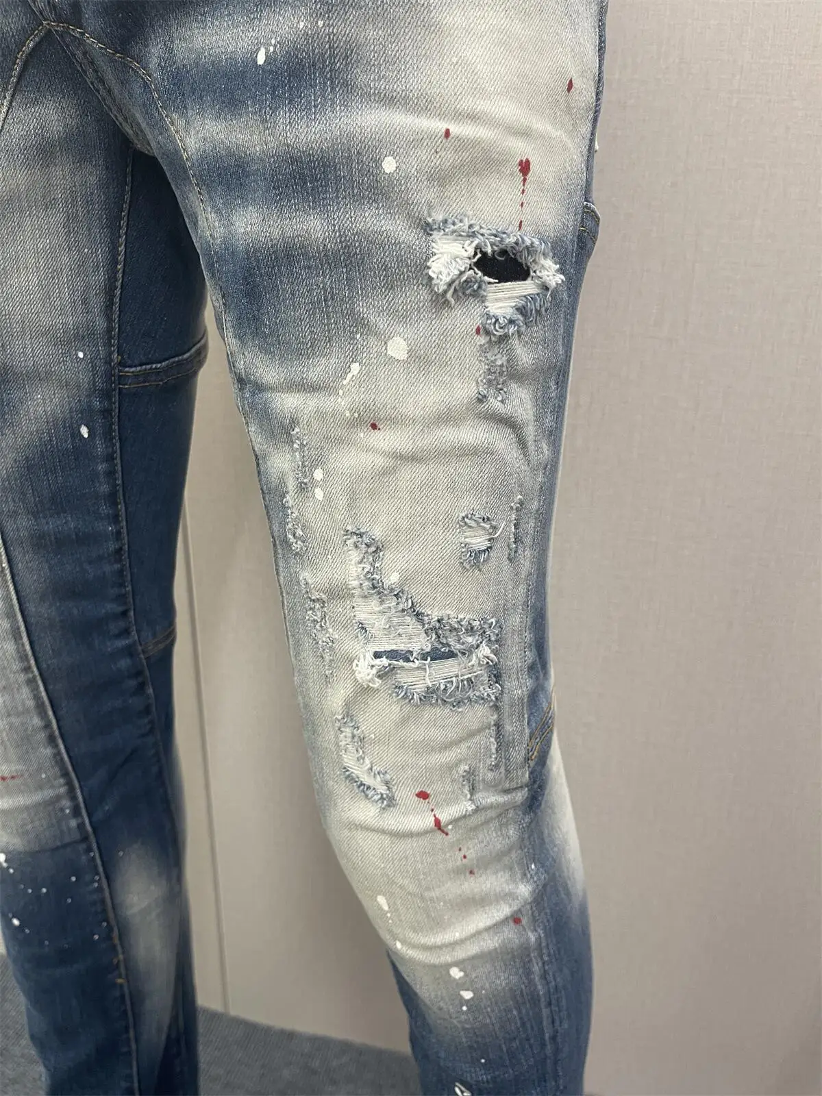 2023 Spring/Summer New Jeans Men's Water Wash Worn Hole Patch Paint Slim Fit Feet Black