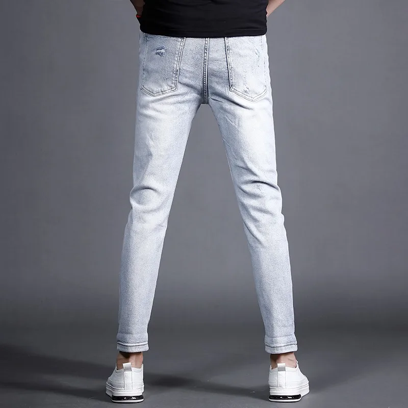 Summer Ripped Jeans Men Light Blue Ankle-Length Pants Streetwear Fashion Lightweight Slim Fit Denim Trousers