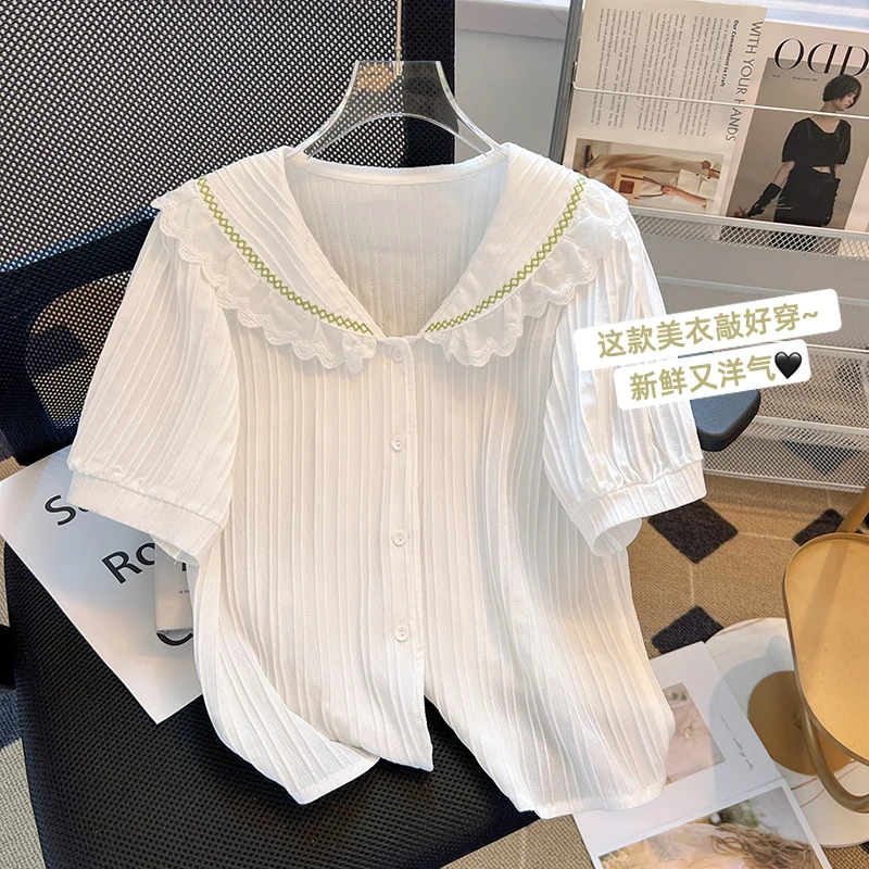 

Блузка или Топ для женщин, летняя шифоновая блузка с воротником «Питер Пэн» и оборками, рубашка с коротким рукавом, элегантная женская одежда, 2023