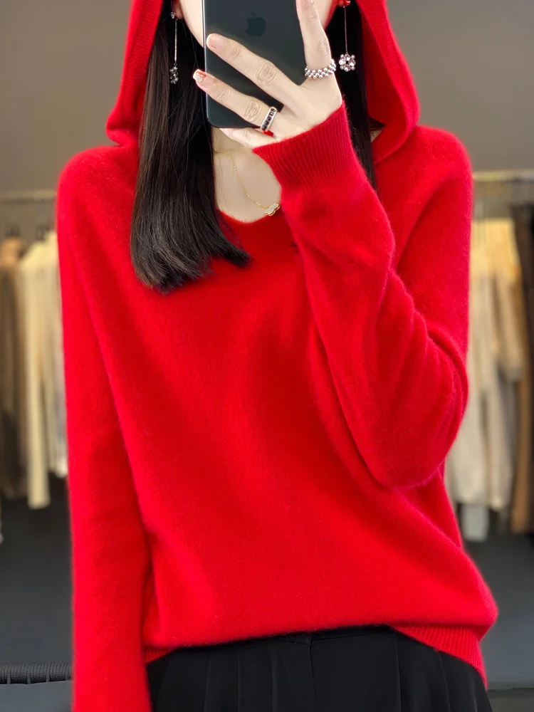 

2023 Women Sweater Autumn Winter Pullover Fashion 100% Merino Wool Traf Tops Jersey V-Neck Long Sleeve Hooded Knitwear