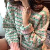 lazy style loose simple rhombus printing korean version of wild loose round neck pullover sweater plus velvet thick thick top