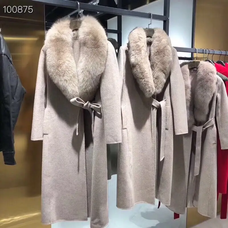 2023 Winter Women Real Fur Coat Long Wool Jacket Office Lady Trench Coat Fashion Streetwear Fox Collar Detachable Overcoat