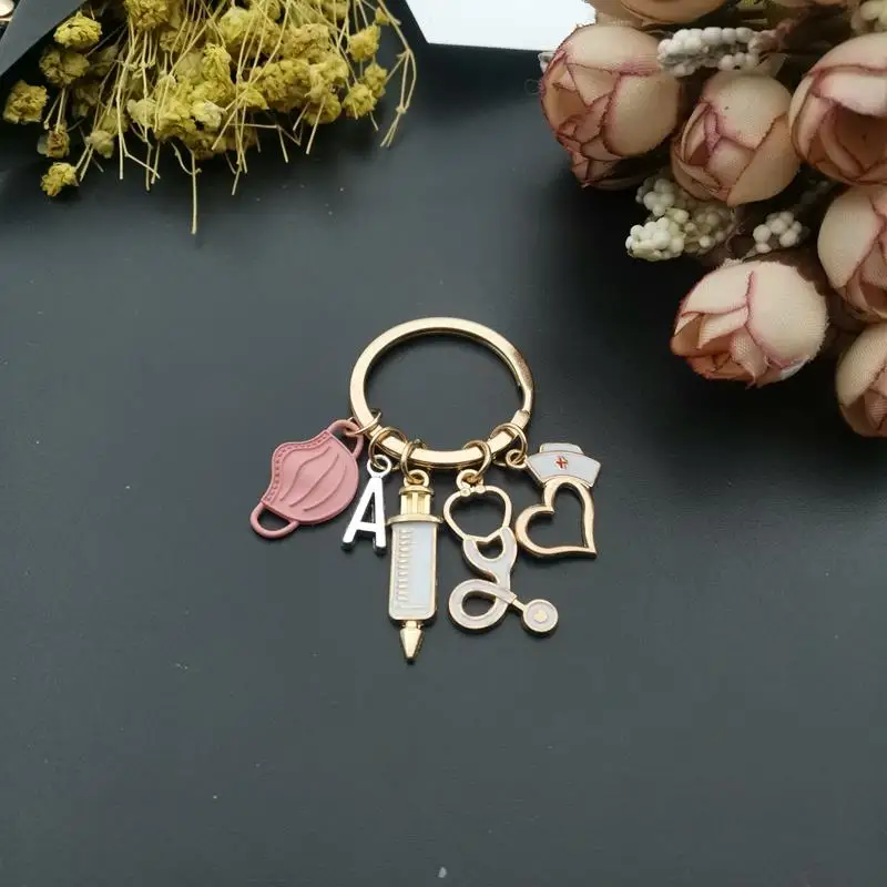 

26 Letters, New Design Keychain Doctor Medical Tool Stethoscope Syringe Face Mask Key Ring Nurse Medical Gift Keychain Souvenir