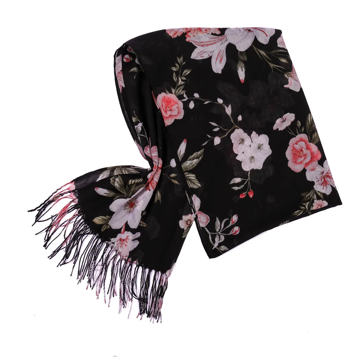 

Literary Flower Double-sided Jacquard Thin Comfortable Trend All-match Tassel Cotton Hemp Scarf