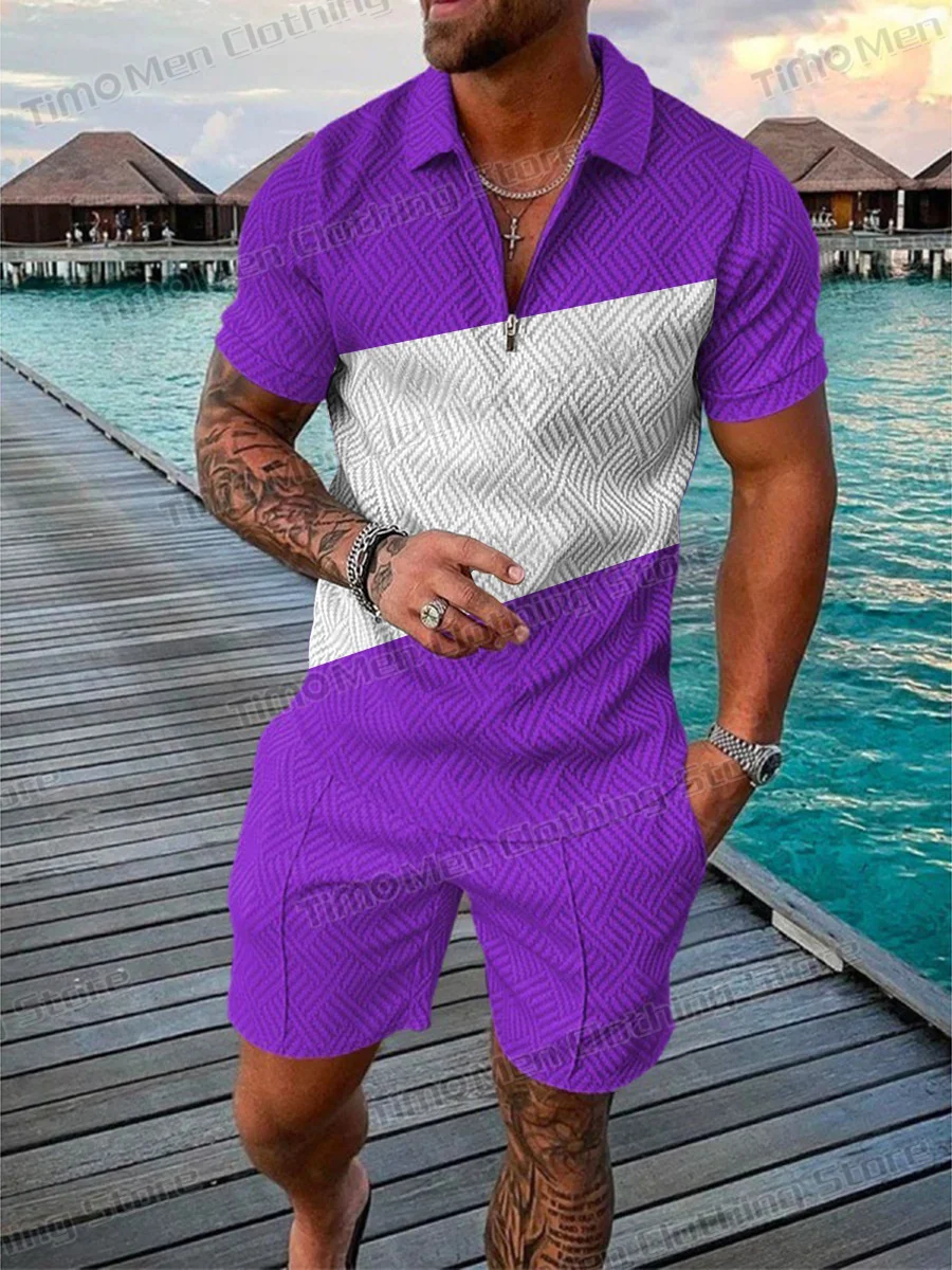 Business Casual Men's Sportswear Street Fashion Polo Shirt Suit Men High Quality Polo Neck Zippered Pullover+Shorts 2 Piece Set