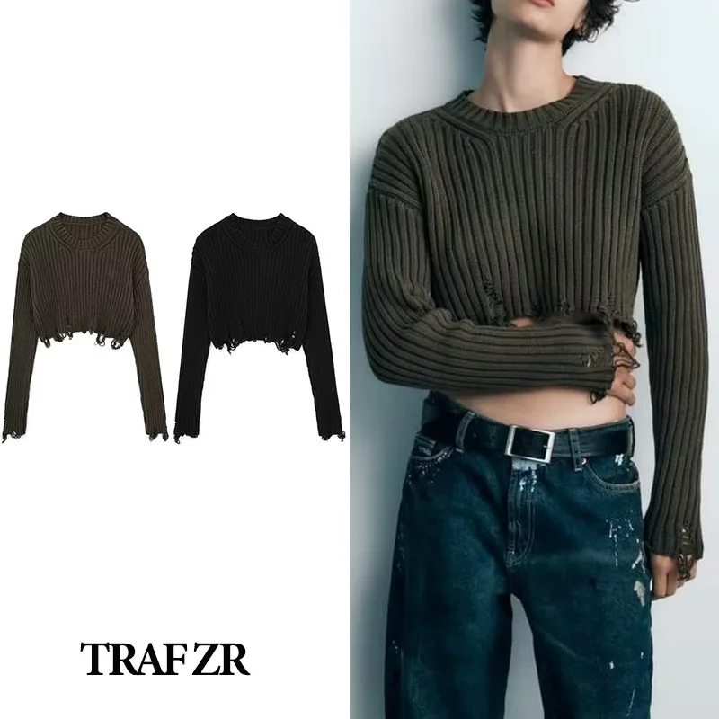 

TRAF ZR Pullovers with Round Neck Y2k Women Sweater Clothing Knitwears Crop Knit Vintage Long Sleeve Autumn Crop Tops for Women