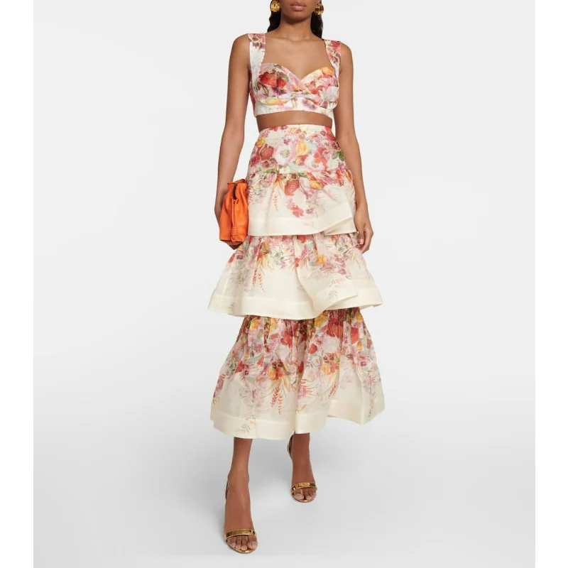 

2023 Summer Top Quality Women Fashion Linen Silk Luxury Vintage Floral Print Camisole Tops and Ball Gown Mid-calf Skirt Set